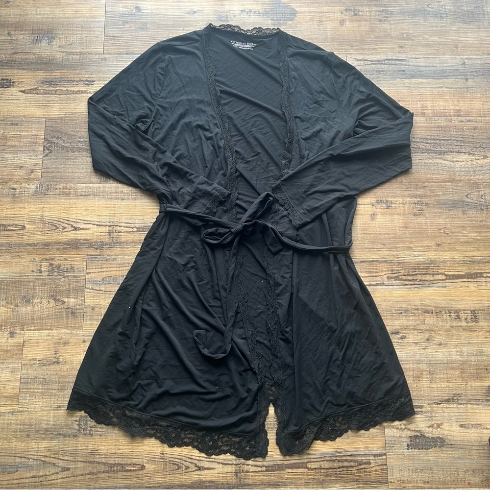 Victoria's Secret Womens Medium Large Black Lace Trim Robe Belted Loungewear